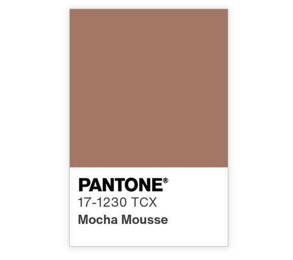 Próbka koloru Pantone 17-1230 TCX Mocha Mousse – odcień ciepłego brązu uznany za kolor roku 2025, widoczny na graficznej palecie Pantone.